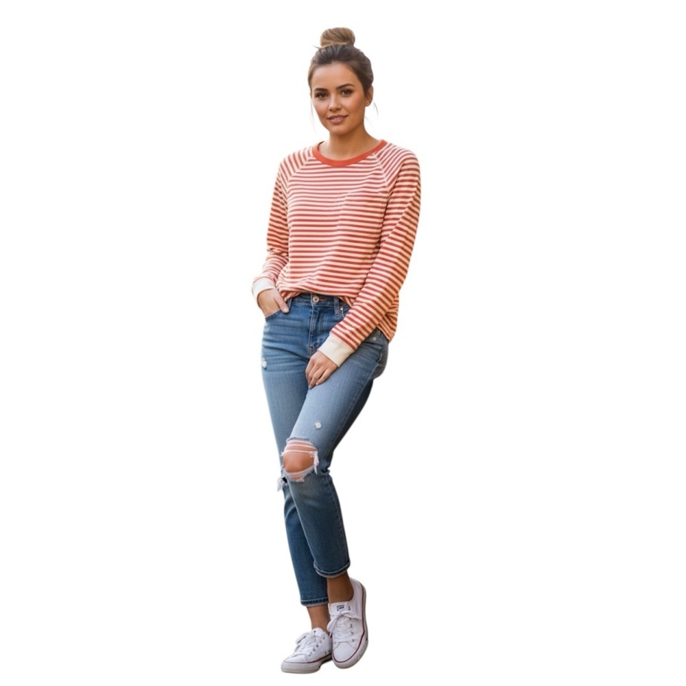 J Crew S Cotton Waffle Knit Orange Stripe Long Sleeve Top Shirt NWT xl